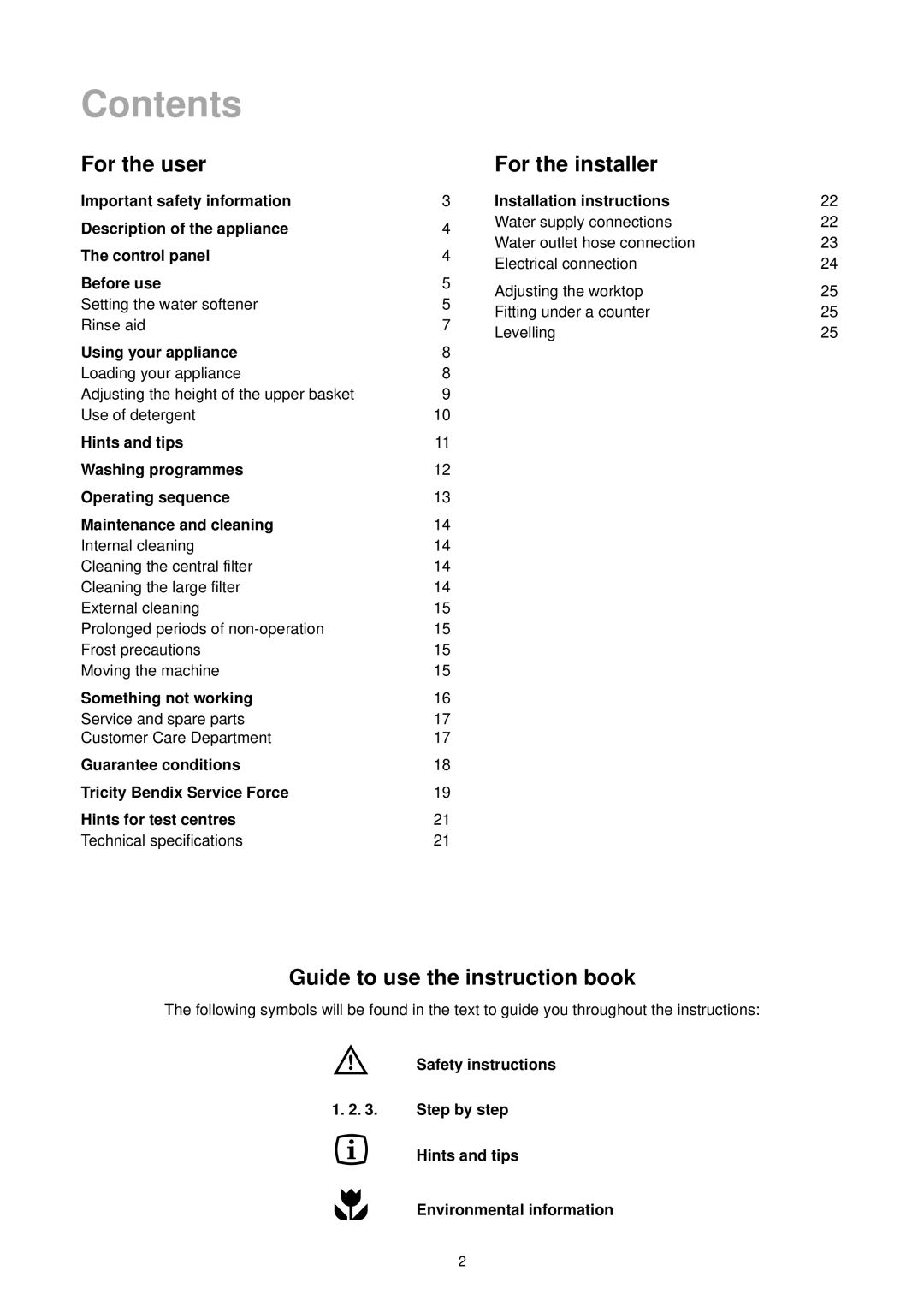 Tricity Bendix DH 101 manual Contents 