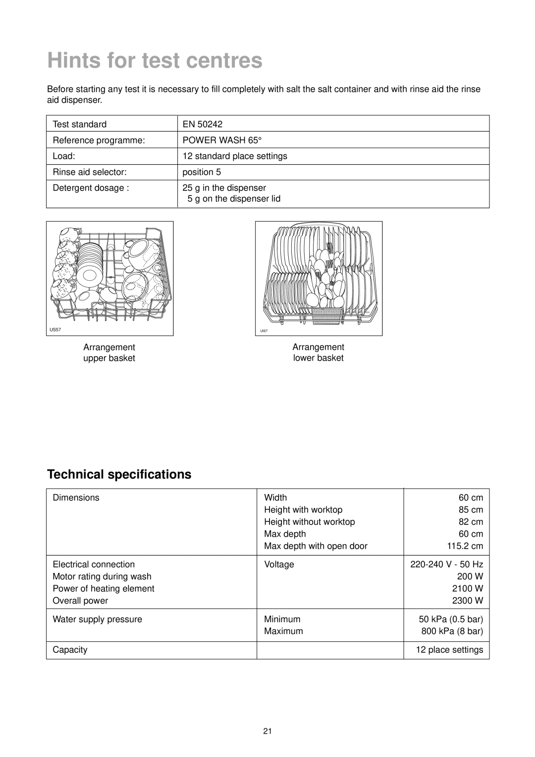 Tricity Bendix DH 101 manual Hints for test centres, Technical specifications 