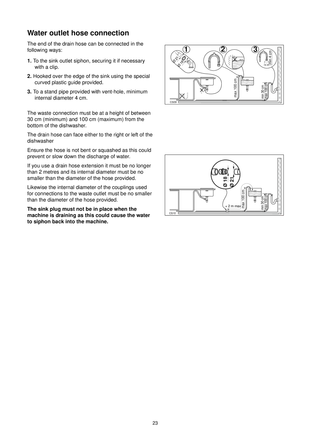 Tricity Bendix DH 101 manual Water outlet hose connection 