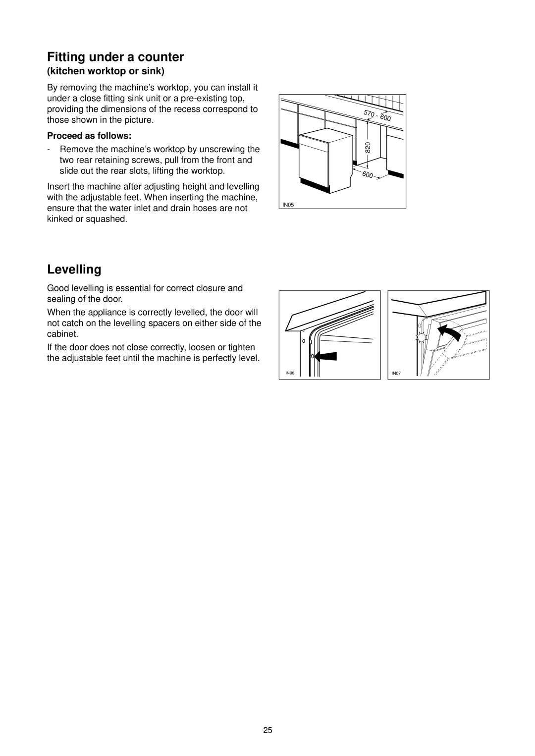 Tricity Bendix DH 101 manual Fitting under a counter, Levelling 