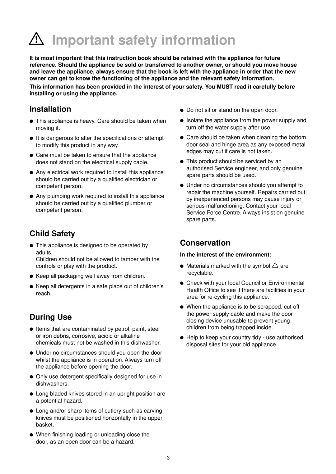 Tricity Bendix DH 101 manual Important safety information, Installation, Child Safety, During Use, Conservation 