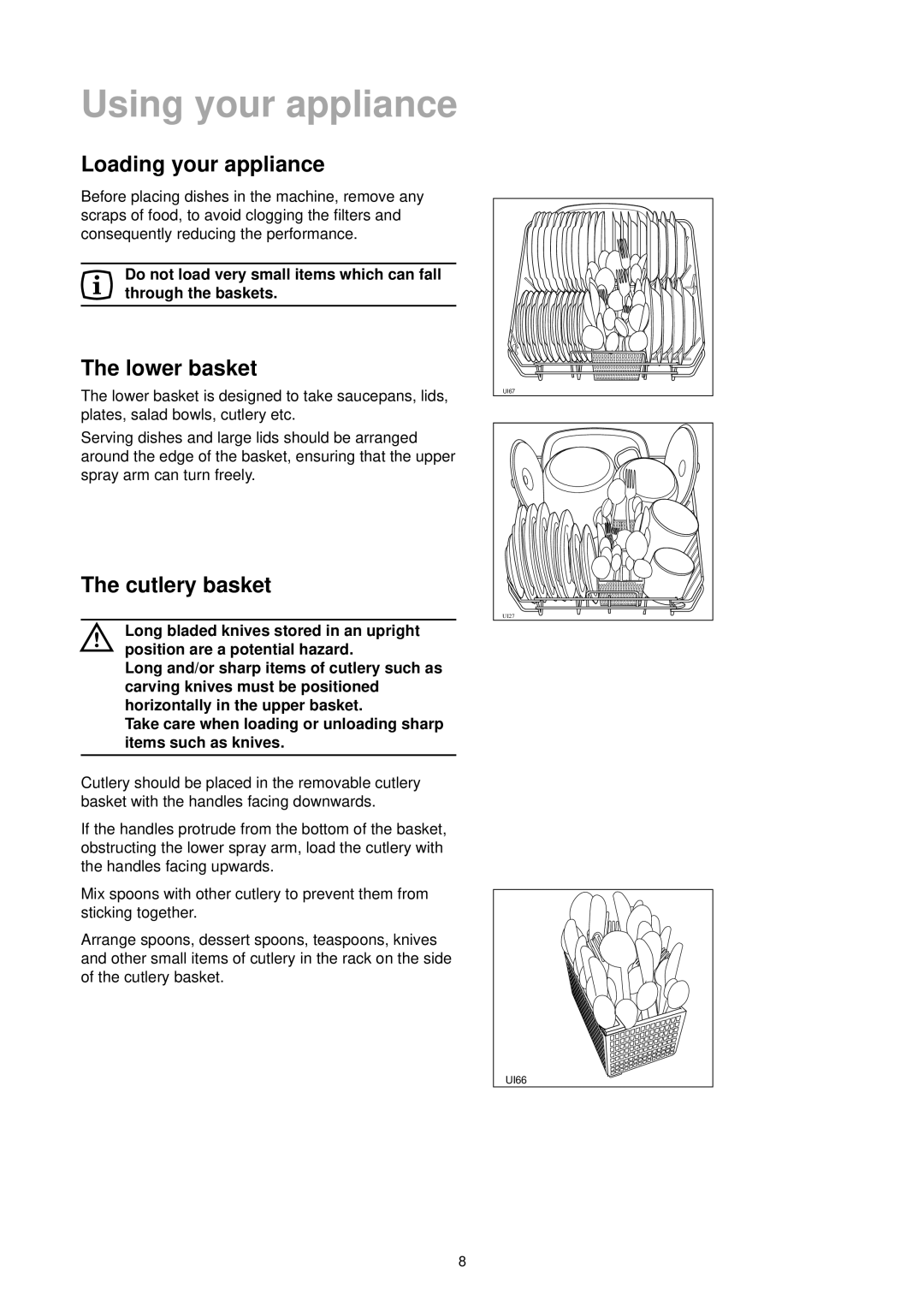 Tricity Bendix DH 101 manual Using your appliance, Loading your appliance, Lower basket, Cutlery basket 