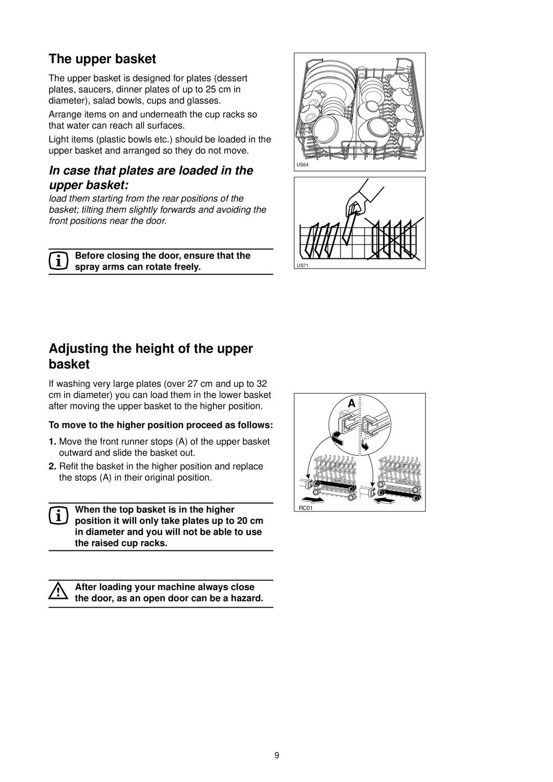 Tricity Bendix DH 101 manual Upper basket, To move to the higher position proceed as follows 