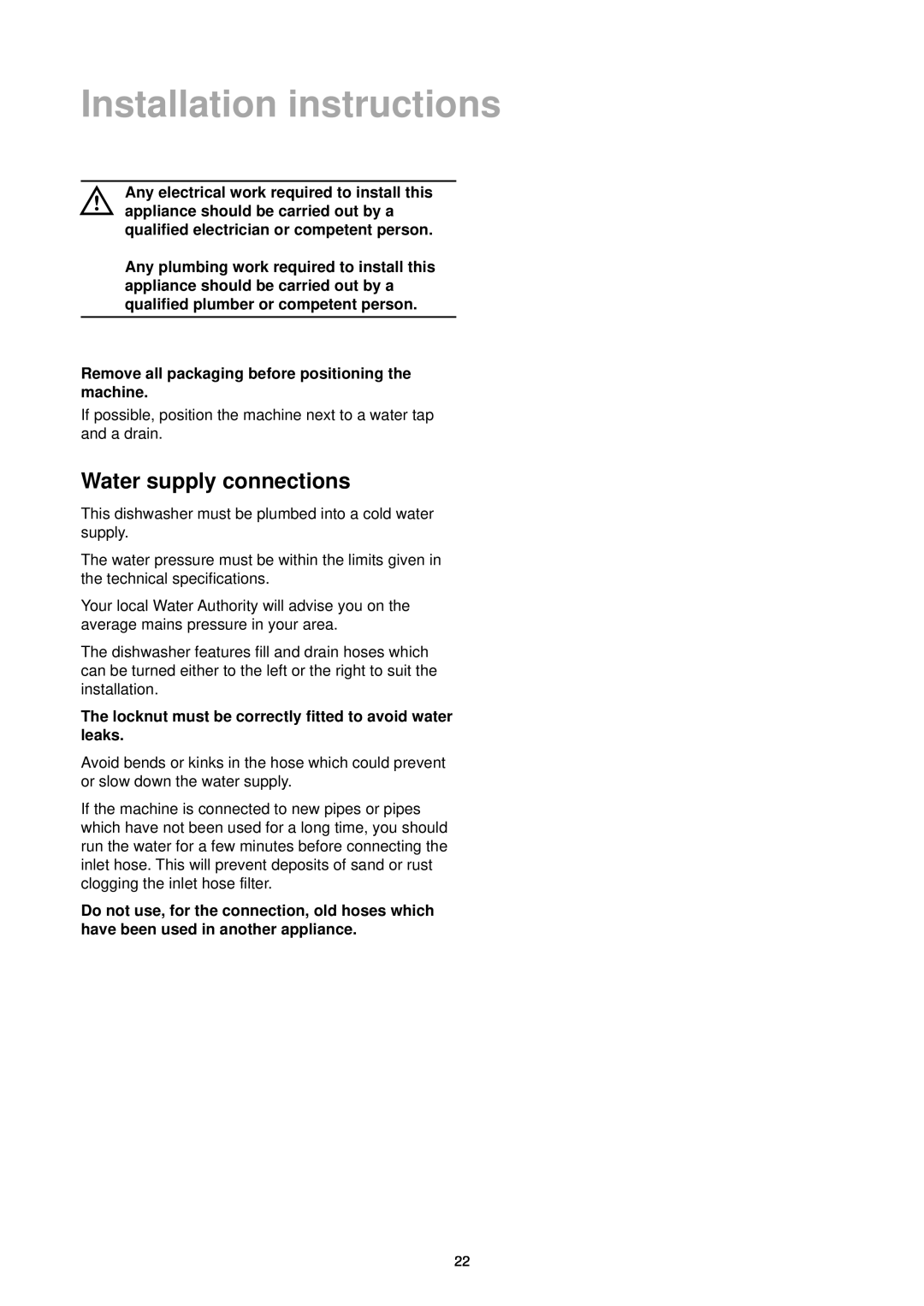 Tricity Bendix DH 101 manual Installation instructions, Water supply connections 