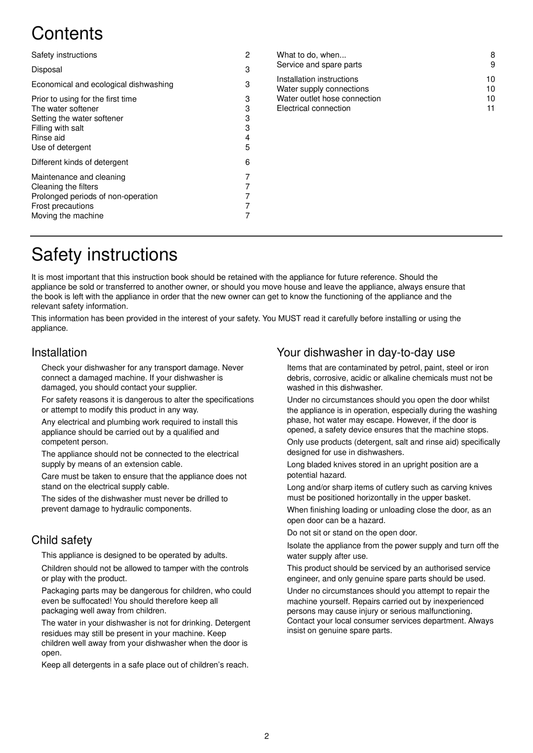 Tricity Bendix DH 103 manual Contents, Safety instructions 