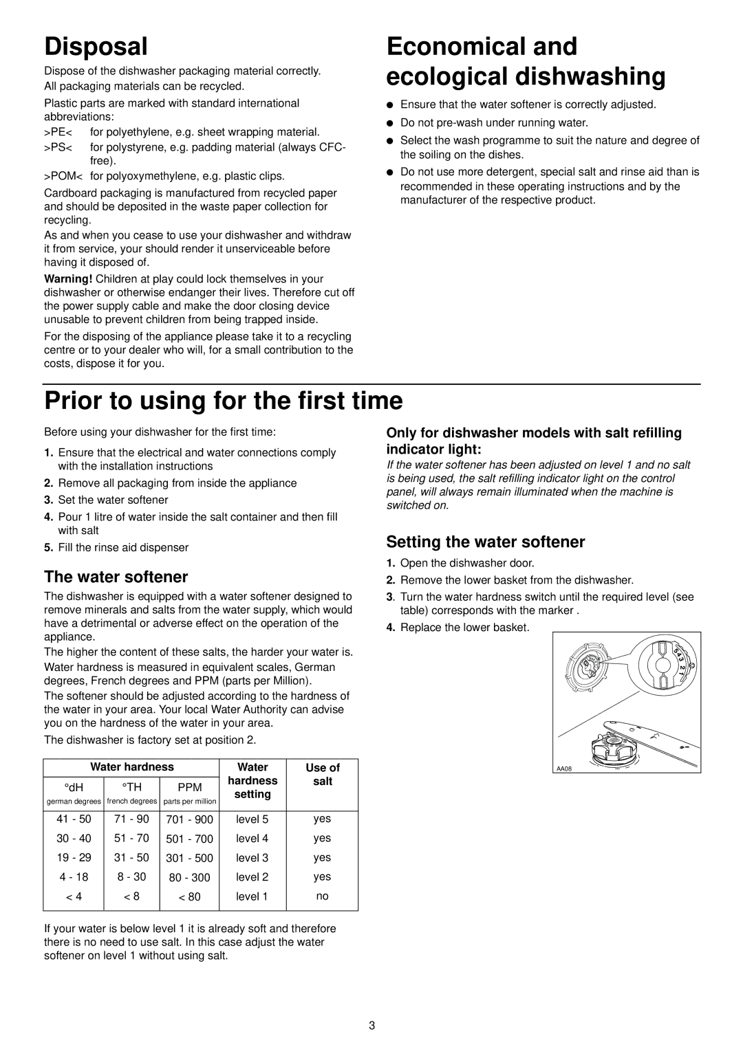 Tricity Bendix DH 103 manual Disposal, Prior to using for the first time, Water softener, Setting the water softener 