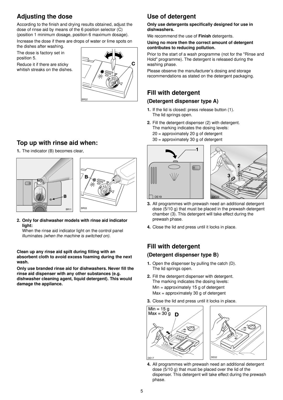 Tricity Bendix DH 103 manual Top up with rinse aid when, Use of detergent, Fill with detergent, Detergent dispenser type a 