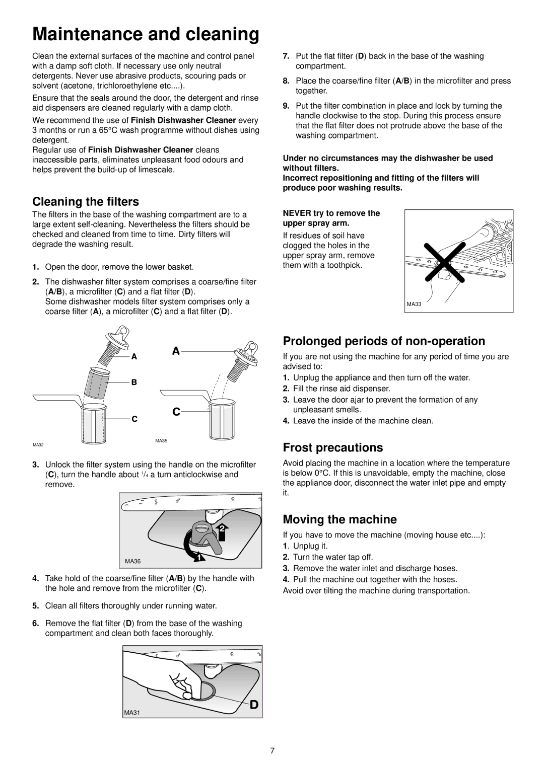 Tricity Bendix DH 103 manual Maintenance and cleaning, Cleaning the filters, Prolonged periods of non-operation 