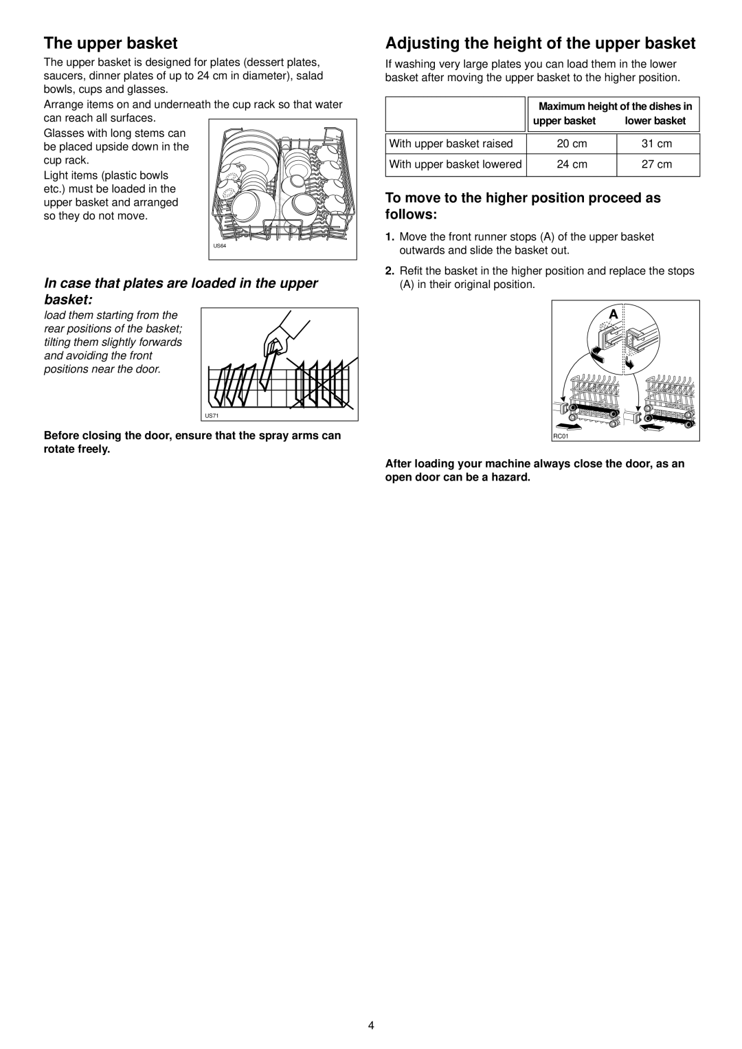 Tricity Bendix DH 103 manual Upper basket, Adjusting the height of the upper basket 