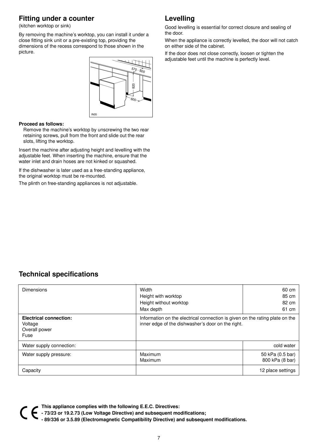 Tricity Bendix DH 103 manual Fitting under a counter, Levelling, Technical specifications, Proceed as follows 