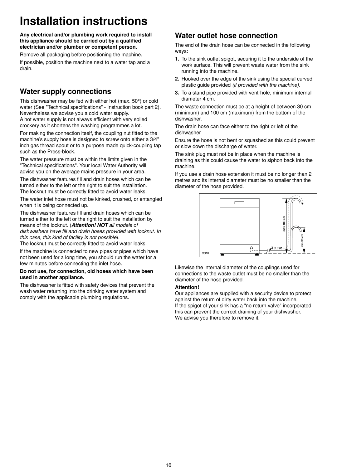 Tricity Bendix DH 103 manual Installation instructions, Water supply connections, Water outlet hose connection 