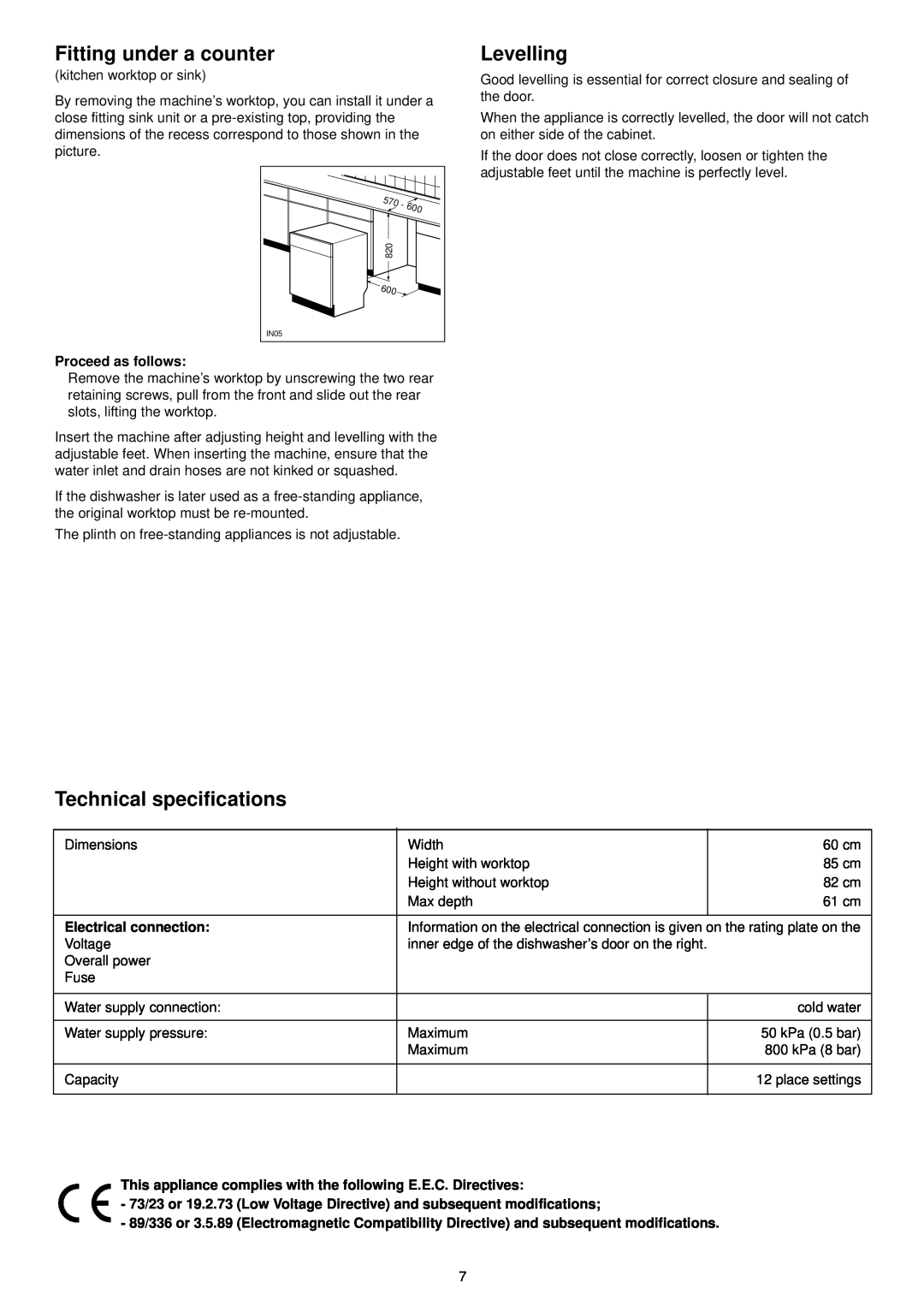 Tricity Bendix DH 103 manual Fitting under a counter, Levelling, Technical specifications, Proceed as follows 