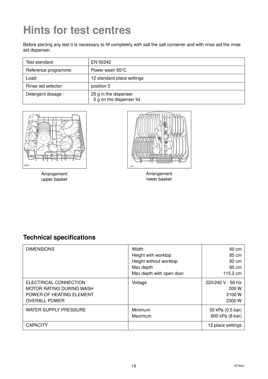 Tricity Bendix DH 105 installation instructions Hints for test centres, Technical specifications 