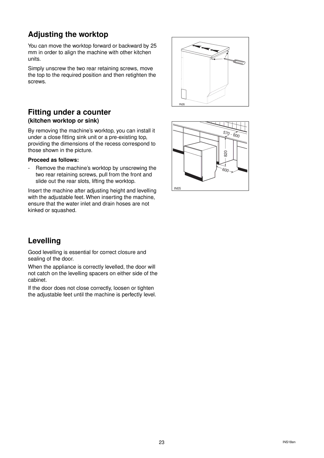 Tricity Bendix DH 105 installation instructions Adjusting the worktop, Fitting under a counter, Levelling 