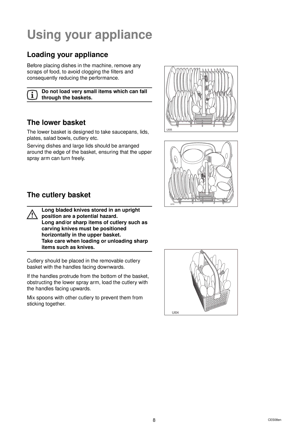 Tricity Bendix DH 105 installation instructions Using your appliance, Loading your appliance, Lower basket, Cutlery basket 