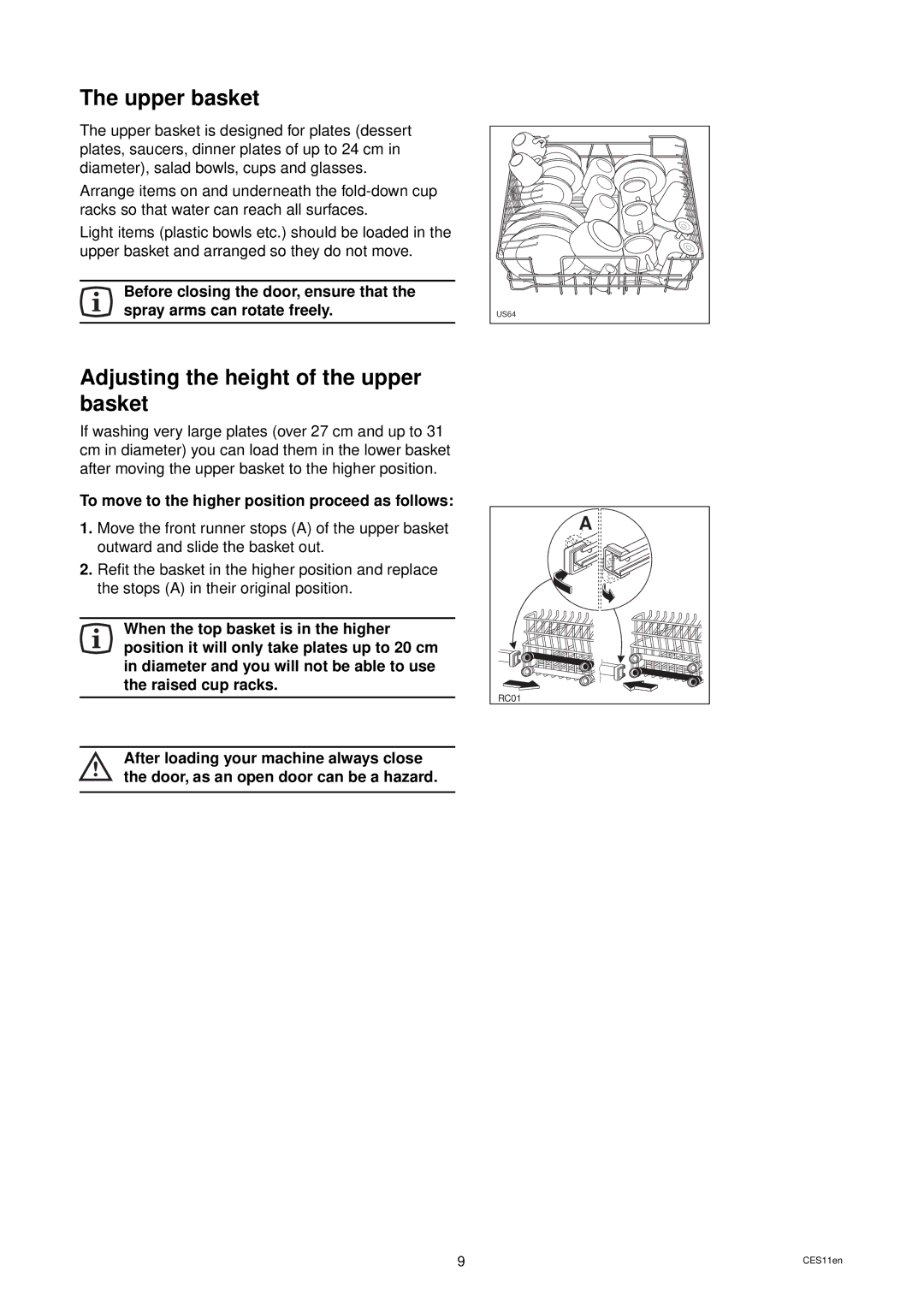 Tricity Bendix DH 105 installation instructions Upper basket, Adjusting the height of the upper basket 