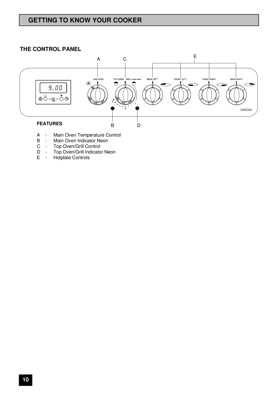 Tricity Bendix DSIE 343 installation instructions Getting to Know Your Cooker, Control Panel, Features 