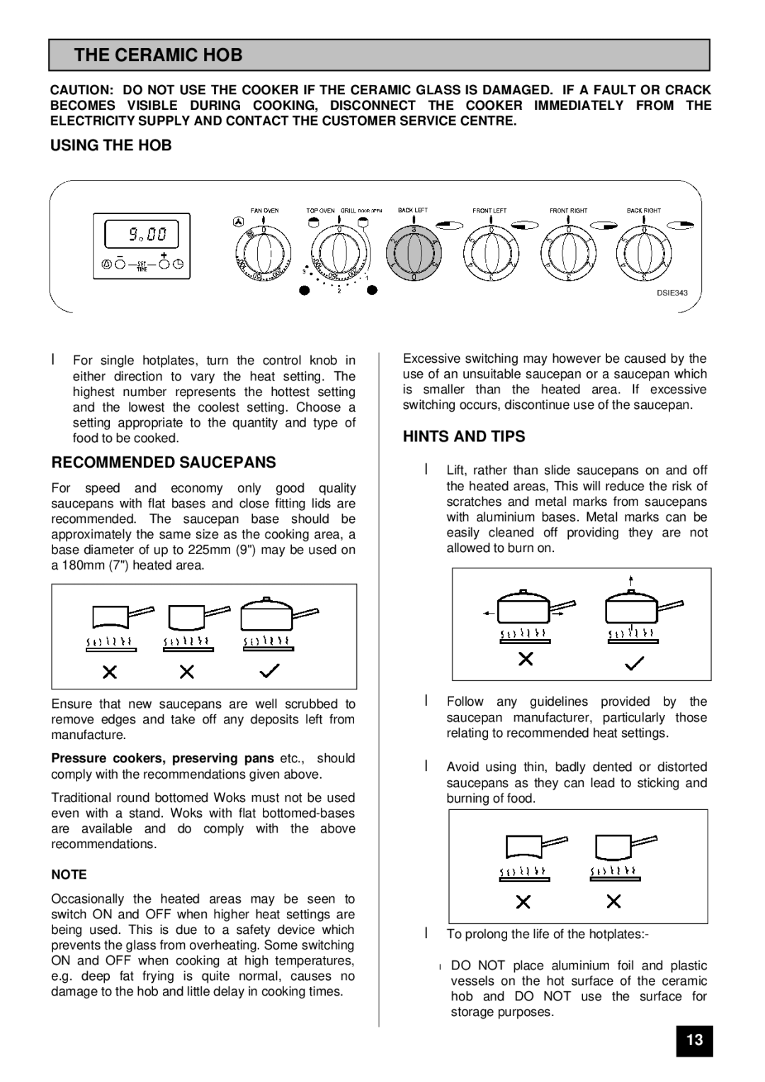 Tricity Bendix DSIE 343 installation instructions Ceramic HOB, Using the HOB, Recommended Saucepans, Hints and Tips 