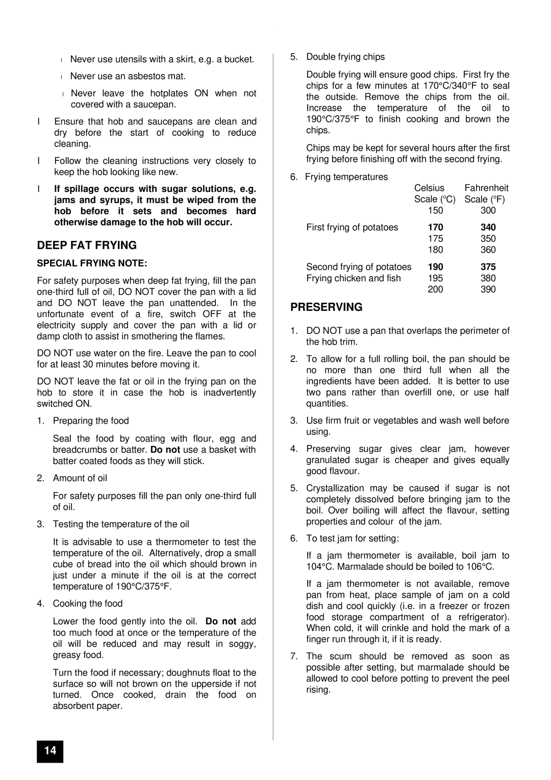 Tricity Bendix DSIE 343 installation instructions Deep FAT Frying, Preserving, Special Frying Note 