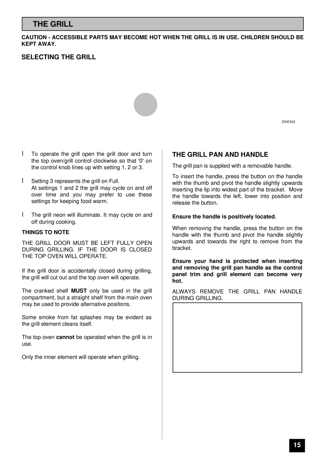 Tricity Bendix DSIE 343 installation instructions Selecting the Grill, Grill PAN and Handle, Things to Note 