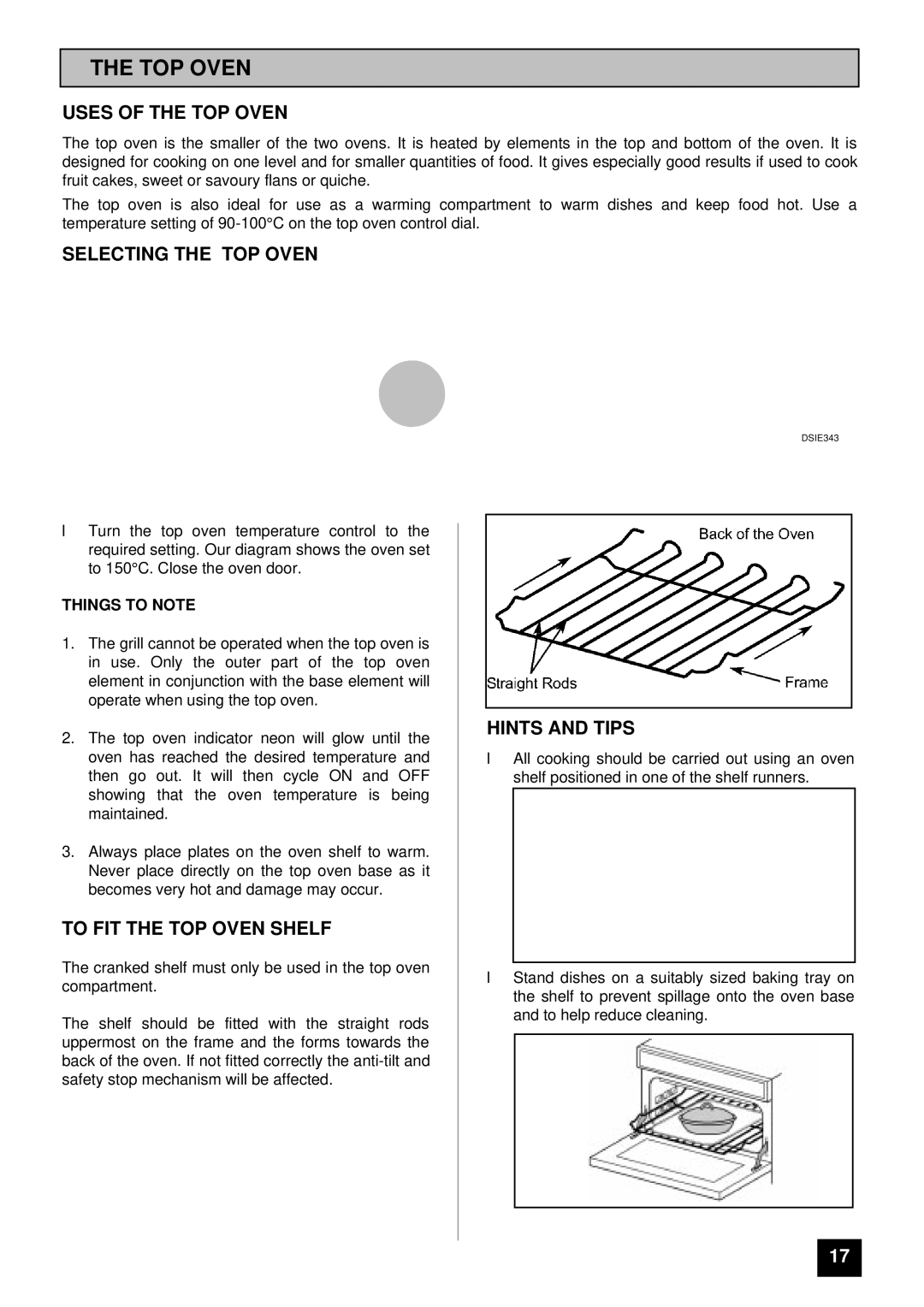 Tricity Bendix DSIE 343 Uses of the TOP Oven, Selecting the TOP Oven, To FIT the TOP Oven Shelf 