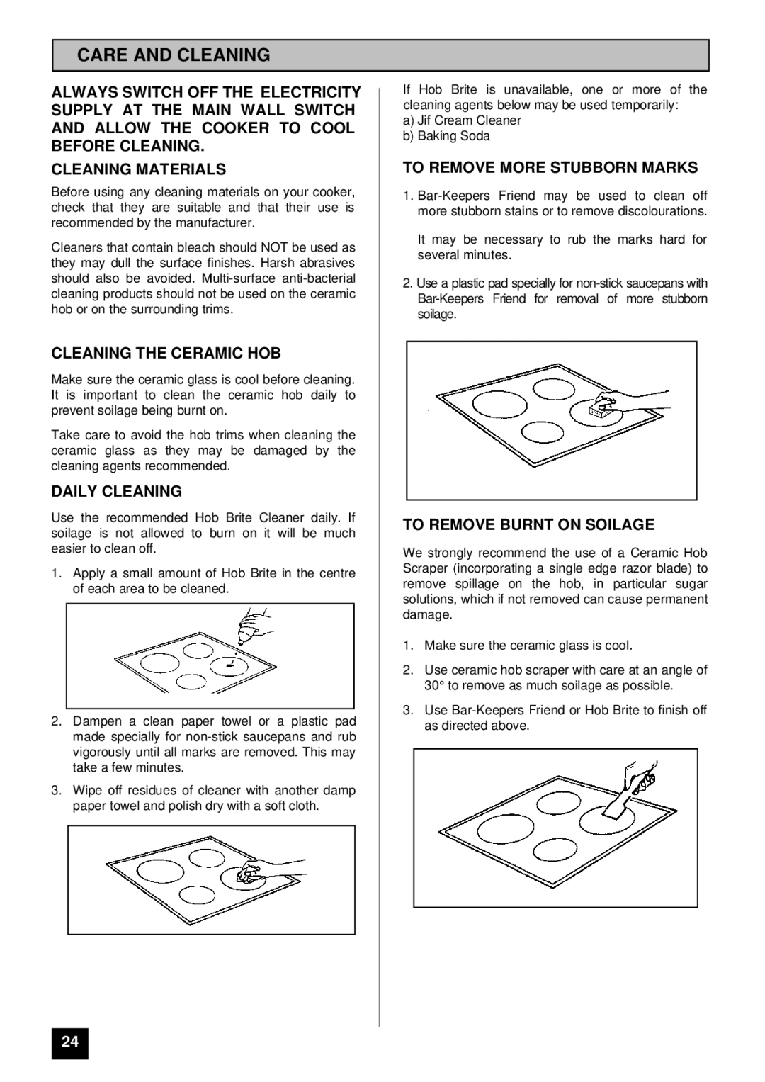 Tricity Bendix DSIE 343 Care and Cleaning, Cleaning the Ceramic HOB, Daily Cleaning, To Remove More Stubborn Marks 