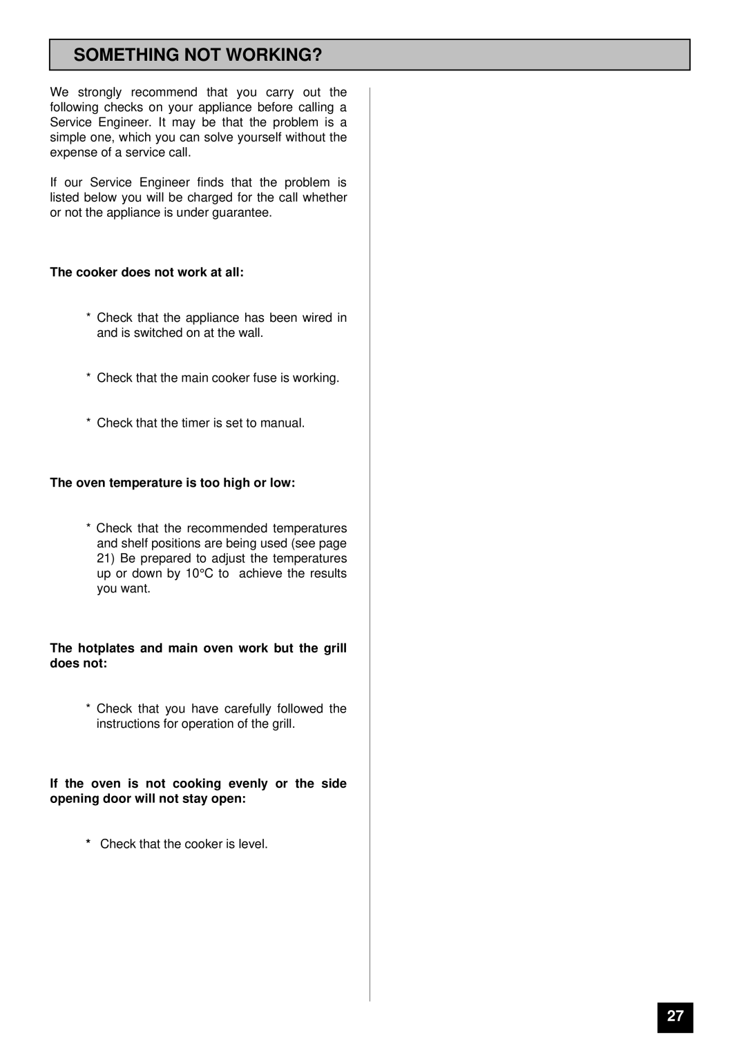 Tricity Bendix DSIE 343 installation instructions Something not WORKING?, Cooker does not work at all 