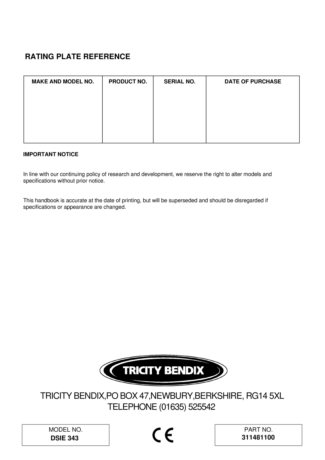 Tricity Bendix DSIE 343 installation instructions Rating Plate Reference 