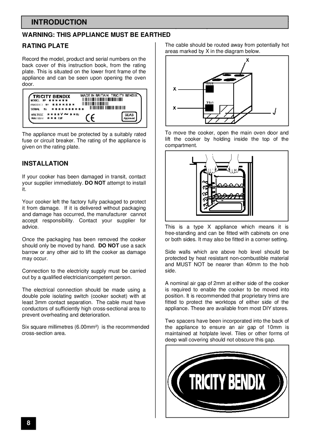 Tricity Bendix DSIE 343 installation instructions Introduction, Rating Plate, Installation 