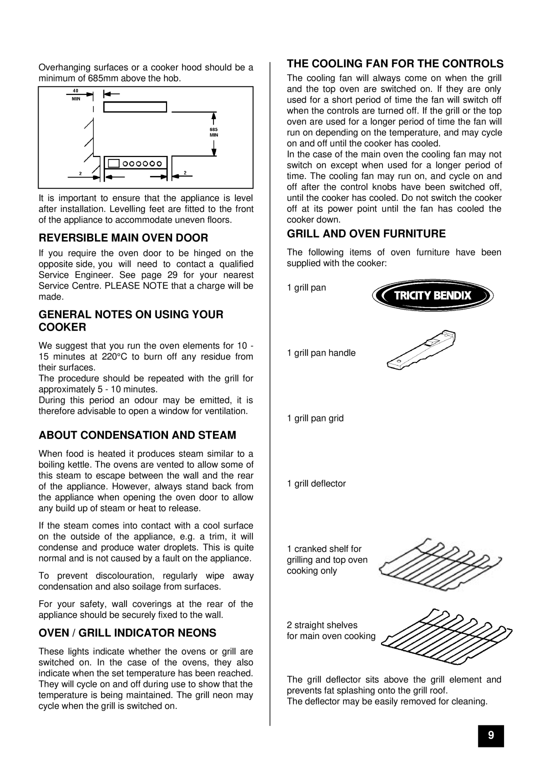 Tricity Bendix DSIE 343 Reversible Main Oven Door, General Notes on Using Your Cooker, About Condensation and Steam 