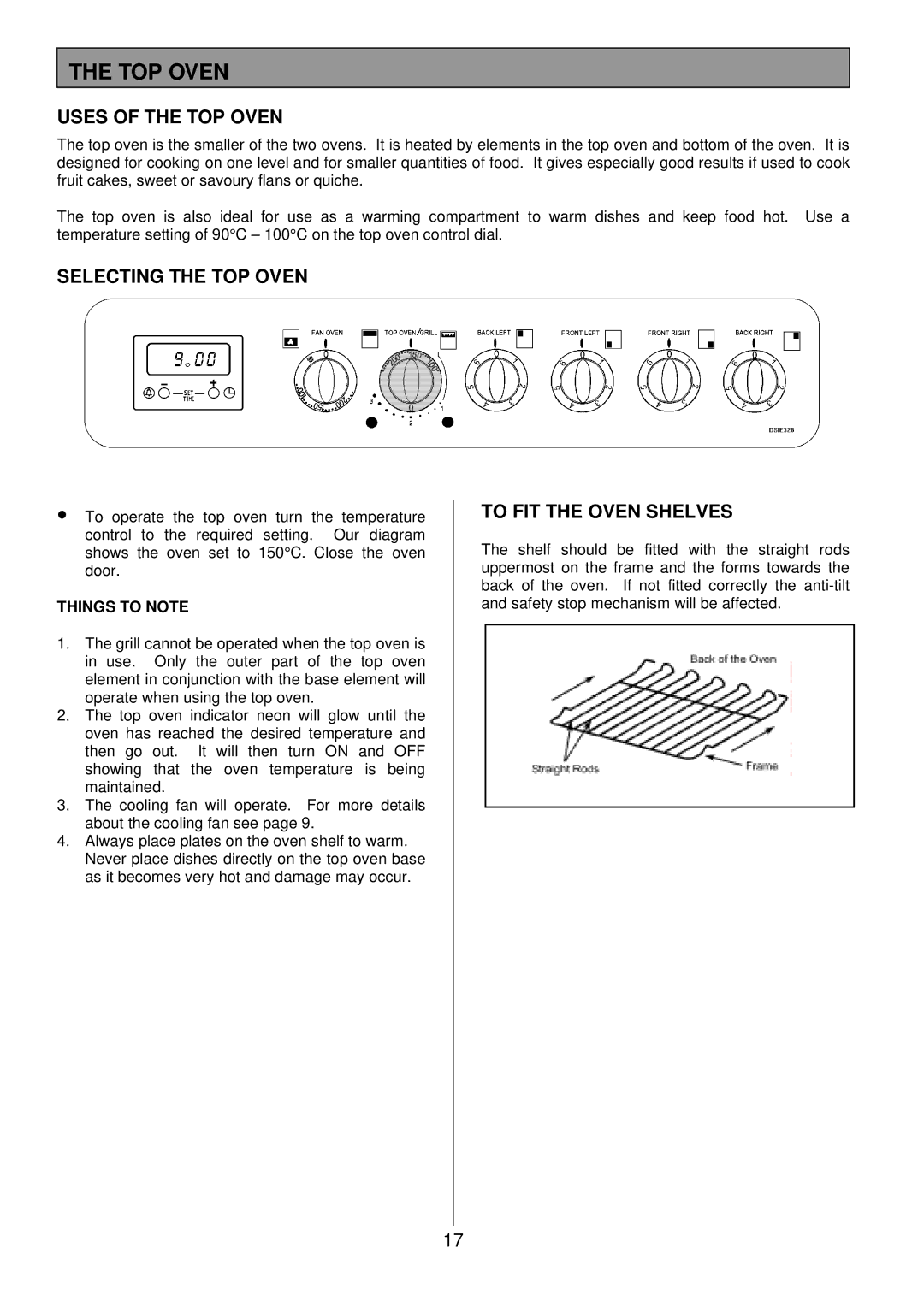 Tricity Bendix DSIE328 Uses of the TOP Oven, Selecting the TOP Oven, To FIT the Oven Shelves, Things to Note 