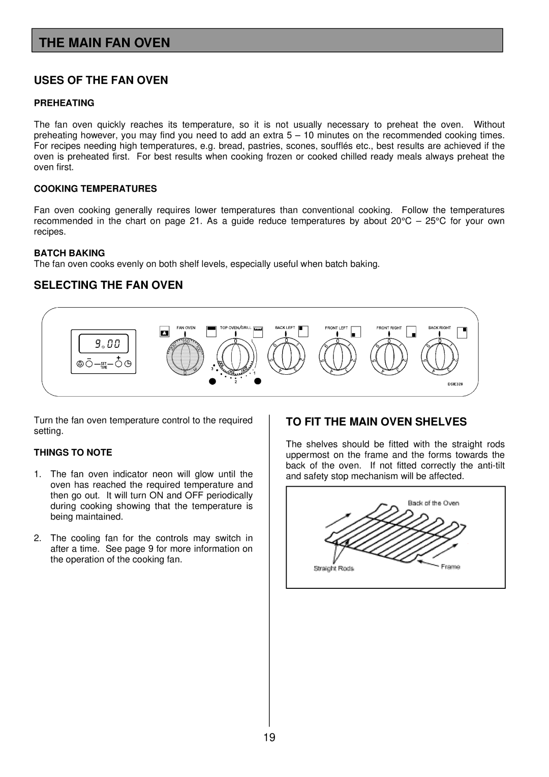 Tricity Bendix DSIE328 Main FAN Oven, Uses of the FAN Oven, Selecting the FAN Oven, To FIT the Main Oven Shelves 