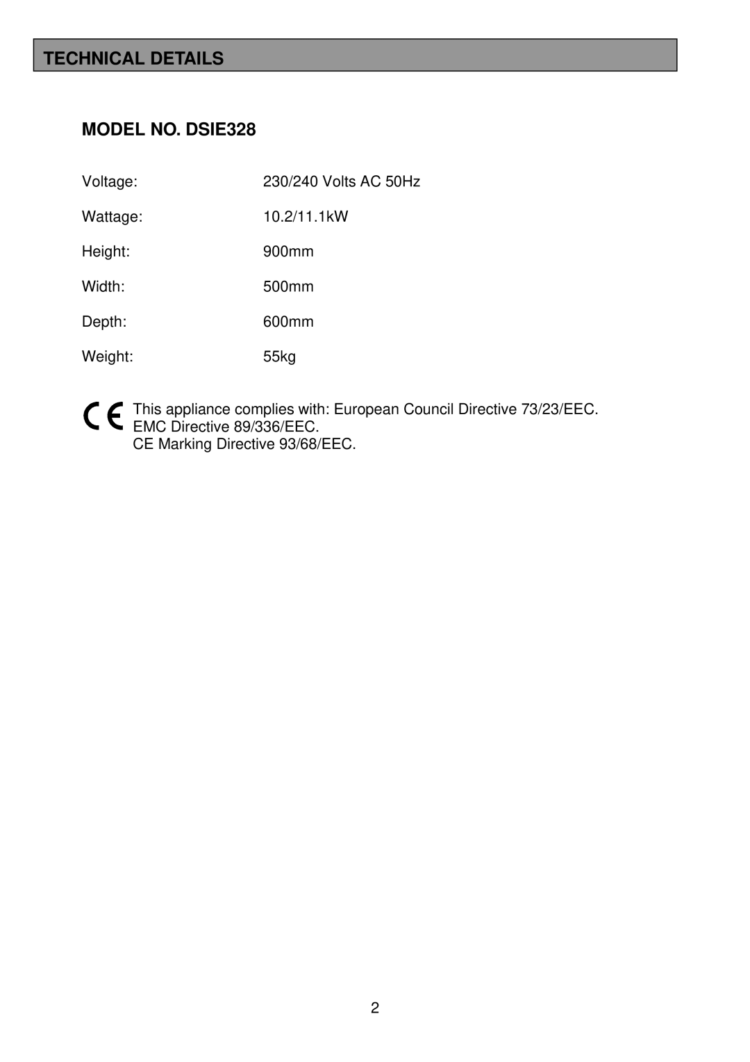 Tricity Bendix installation instructions Technical Details Model NO. DSIE328 