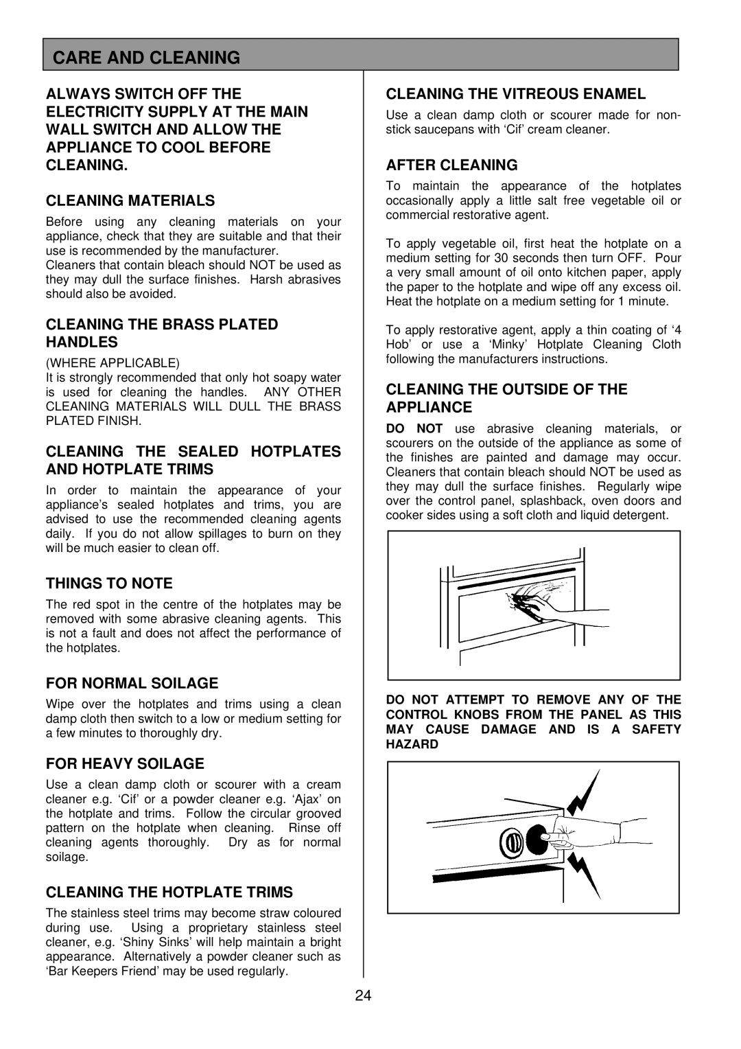 Tricity Bendix DSIE328 installation instructions Care and Cleaning 