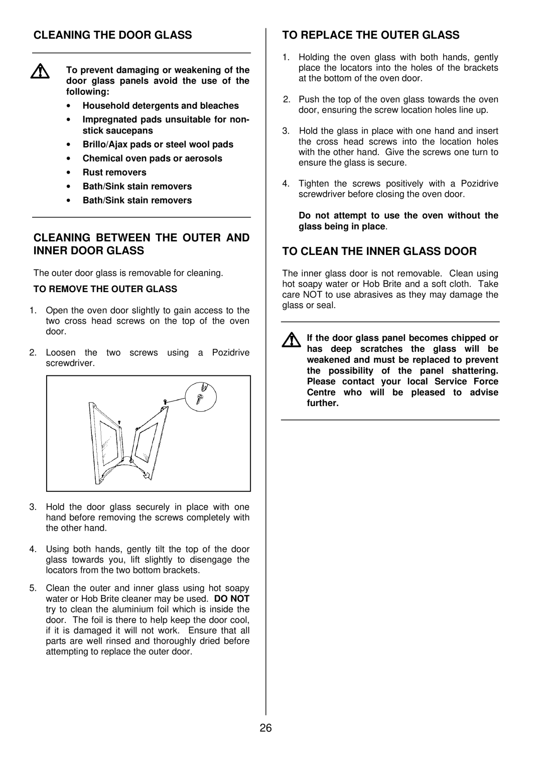 Tricity Bendix DSIE328 Cleaning the Door Glass, Cleaning Between the Outer and Inner Door Glass, To Remove the Outer Glass 