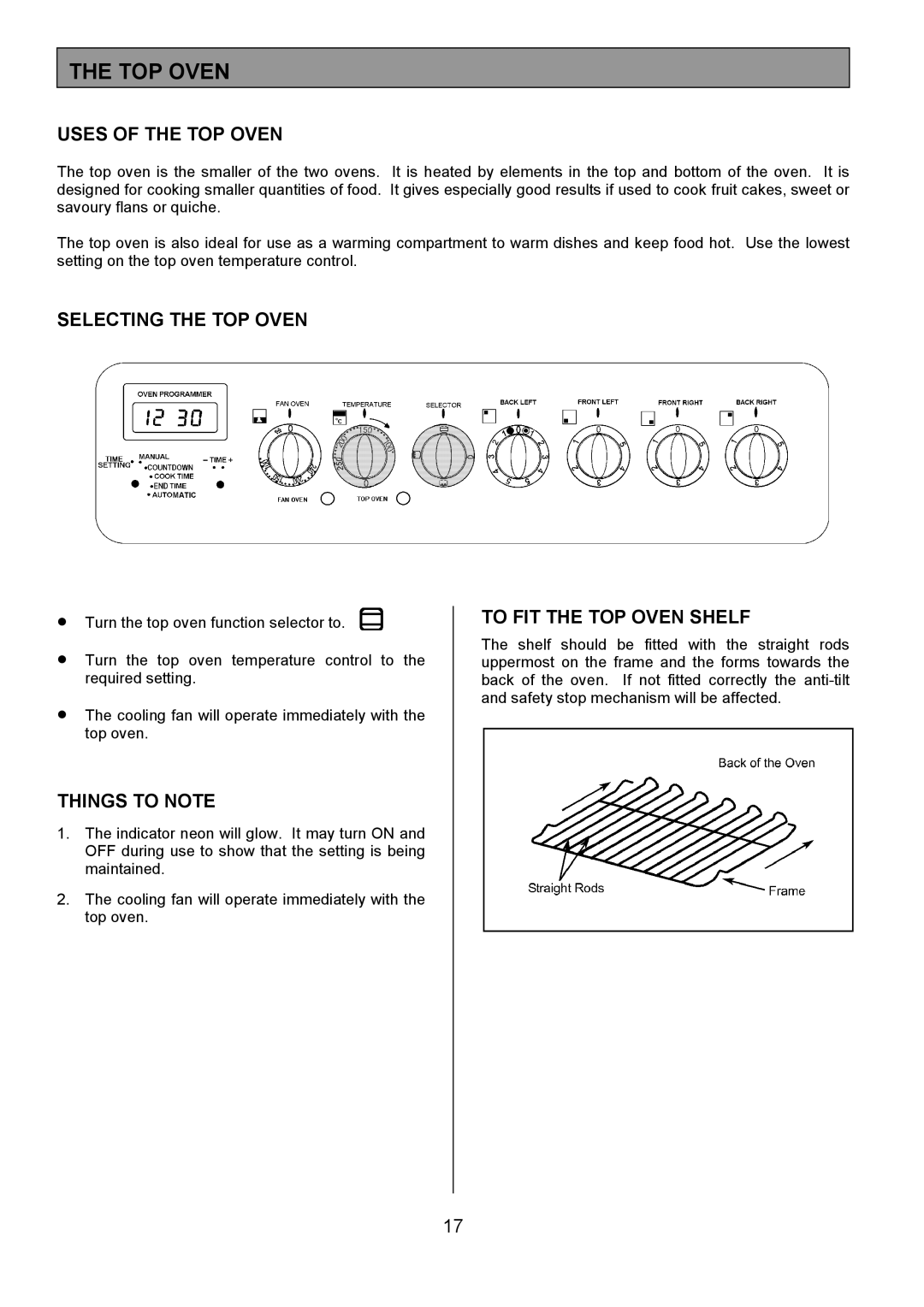 Tricity Bendix DSIE456 Uses of the TOP Oven, Selecting the TOP Oven, To FIT the TOP Oven Shelf 