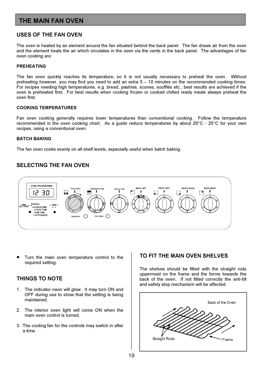 Tricity Bendix DSIE456 Main FAN Oven, Uses of the FAN Oven, Selecting the FAN Oven, To FIT the Main Oven Shelves 