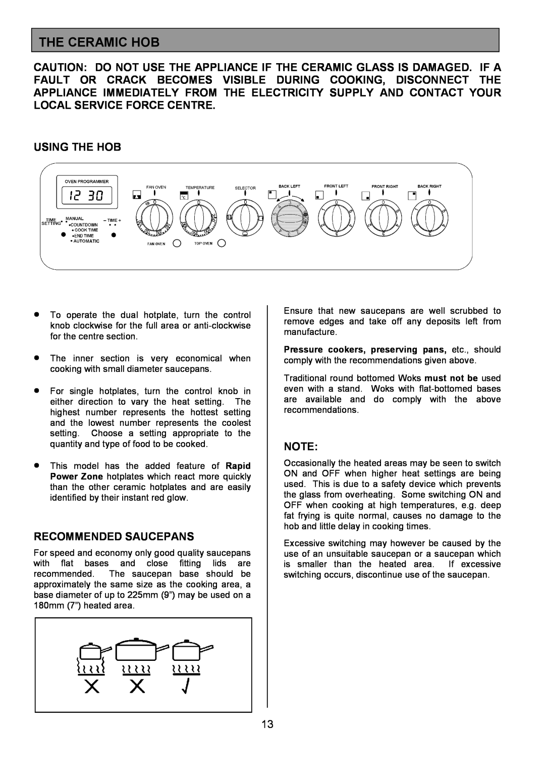 Tricity Bendix DSIE456 installation instructions The Ceramic Hob, Using The Hob, Recommended Saucepans 