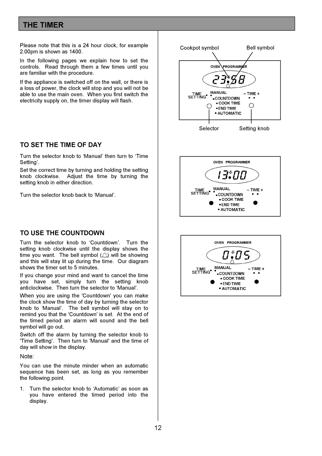 Tricity Bendix DSIE502 installation instructions Timer, To SET the Time of DAY, To USE the Countdown 