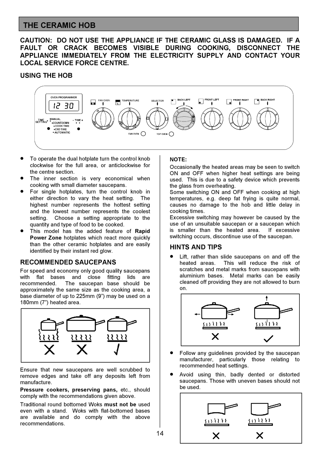 Tricity Bendix DSIE502 installation instructions Ceramic HOB, Using the HOB, Recommended Saucepans, Hints and Tips 