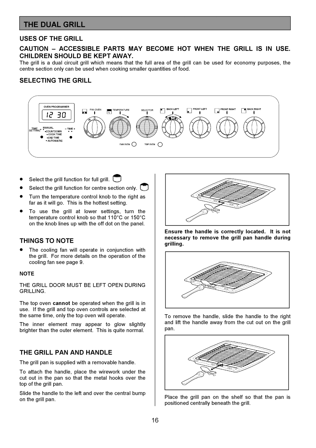 Tricity Bendix DSIE502 Dual Grill, Uses of the Grill, Selecting the Grill, Things to Note, Grill PAN and Handle 