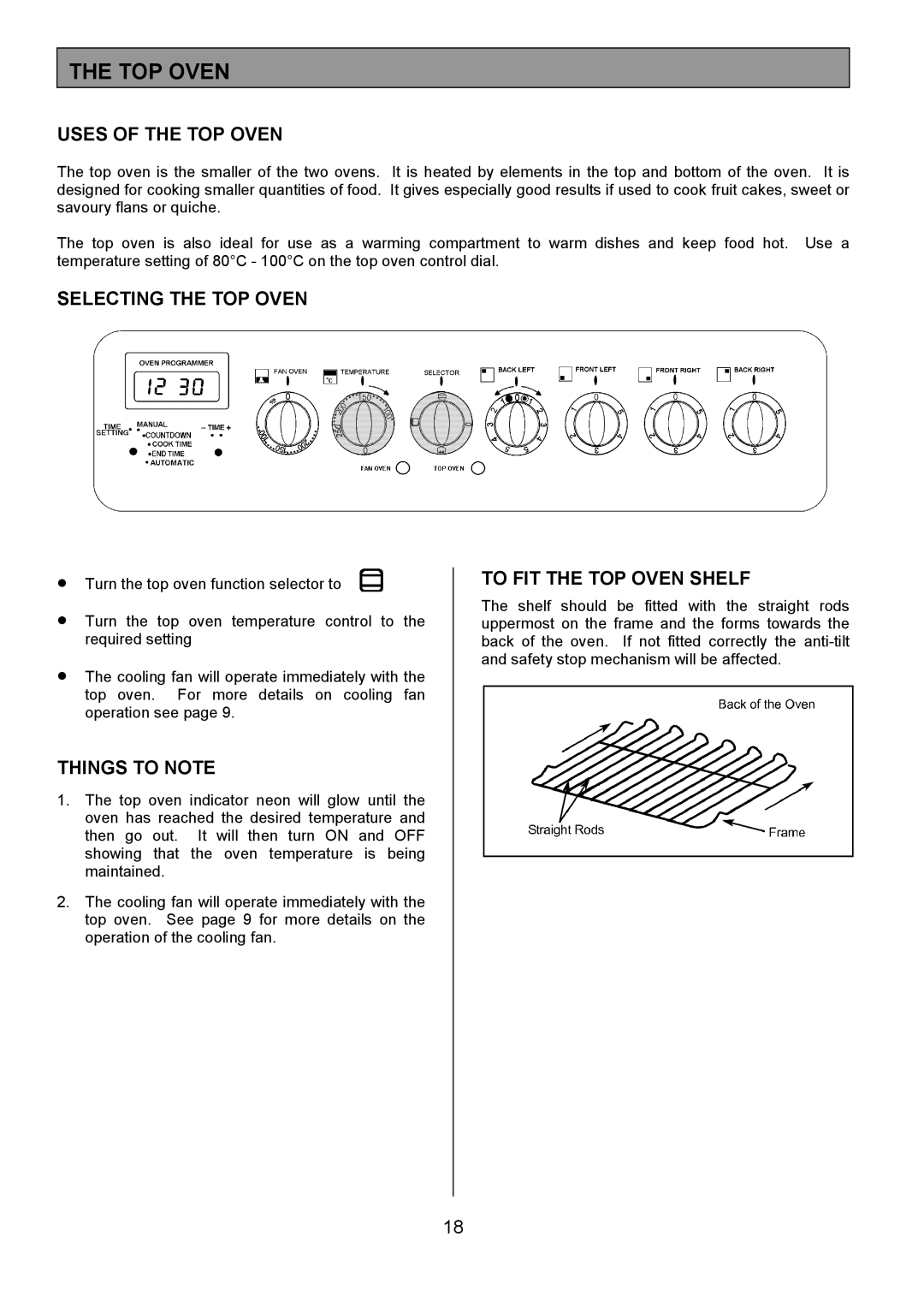 Tricity Bendix DSIE502 Uses of the TOP Oven, Selecting the TOP Oven, To FIT the TOP Oven Shelf 