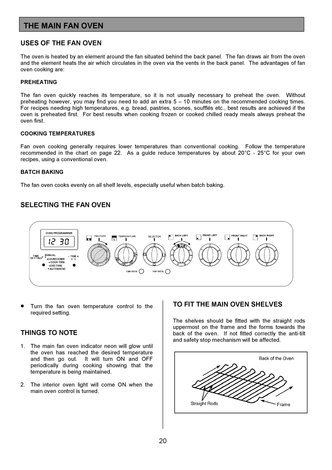 Tricity Bendix DSIE502 Main FAN Oven, Uses of the FAN Oven, Selecting the FAN Oven, To FIT the Main Oven Shelves 