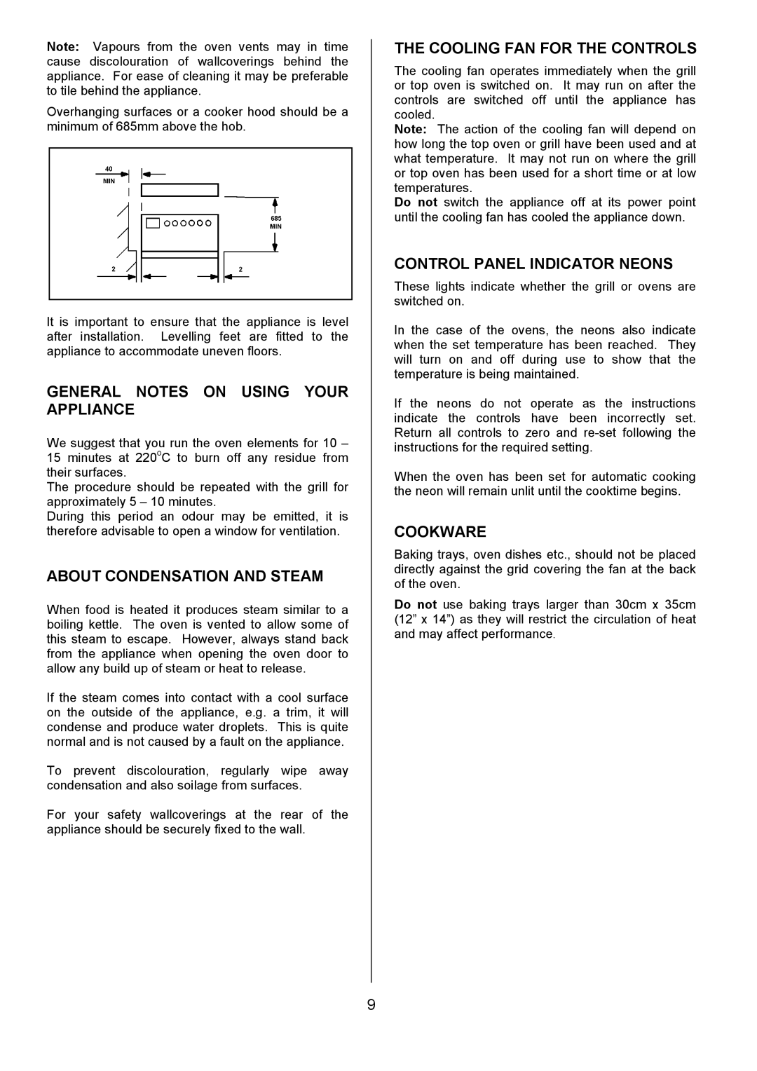 Tricity Bendix DSIE502 General Notes on Using Your Appliance, About Condensation and Steam, Cooling FAN for the Controls 