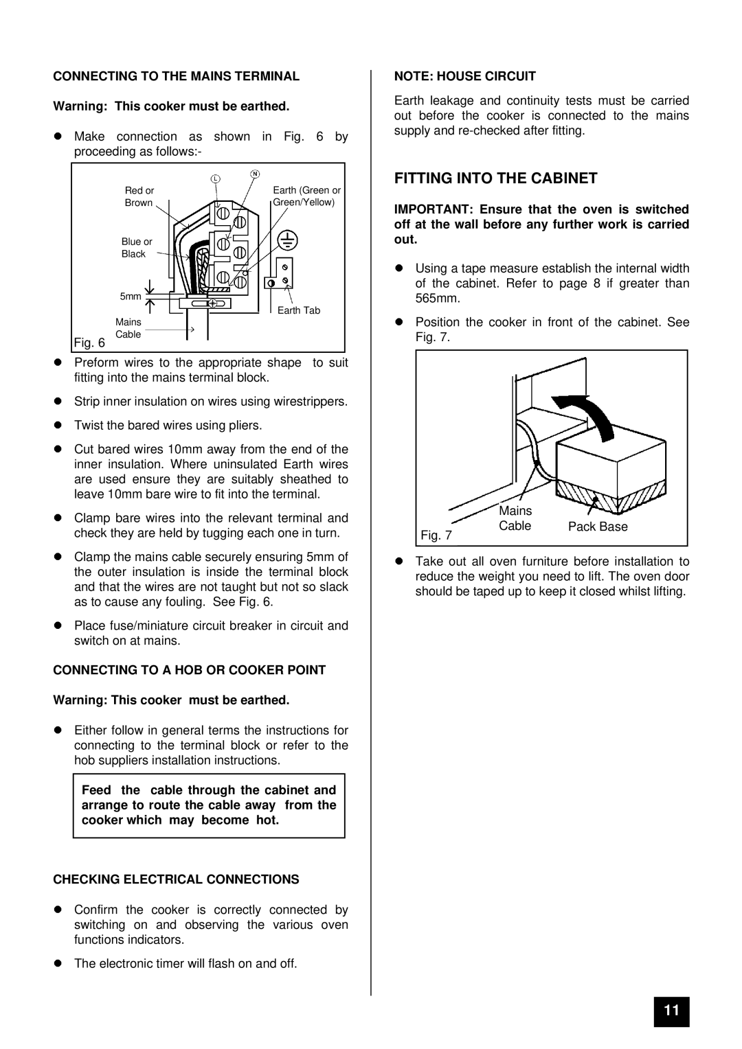 Tricity Bendix DURHAM Fitting Into the Cabinet, Connecting to the Mains Terminal, Connecting to a HOB or Cooker Point 