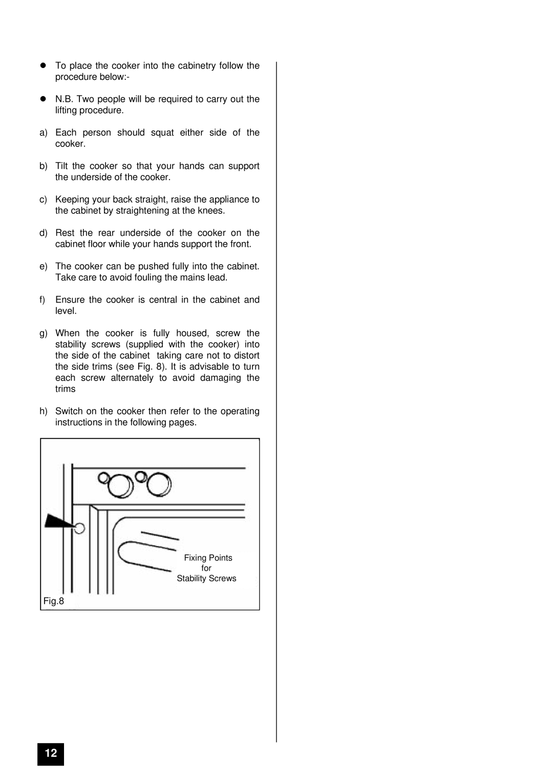 Tricity Bendix DURHAM installation instructions Fixing Points For Stability Screws 