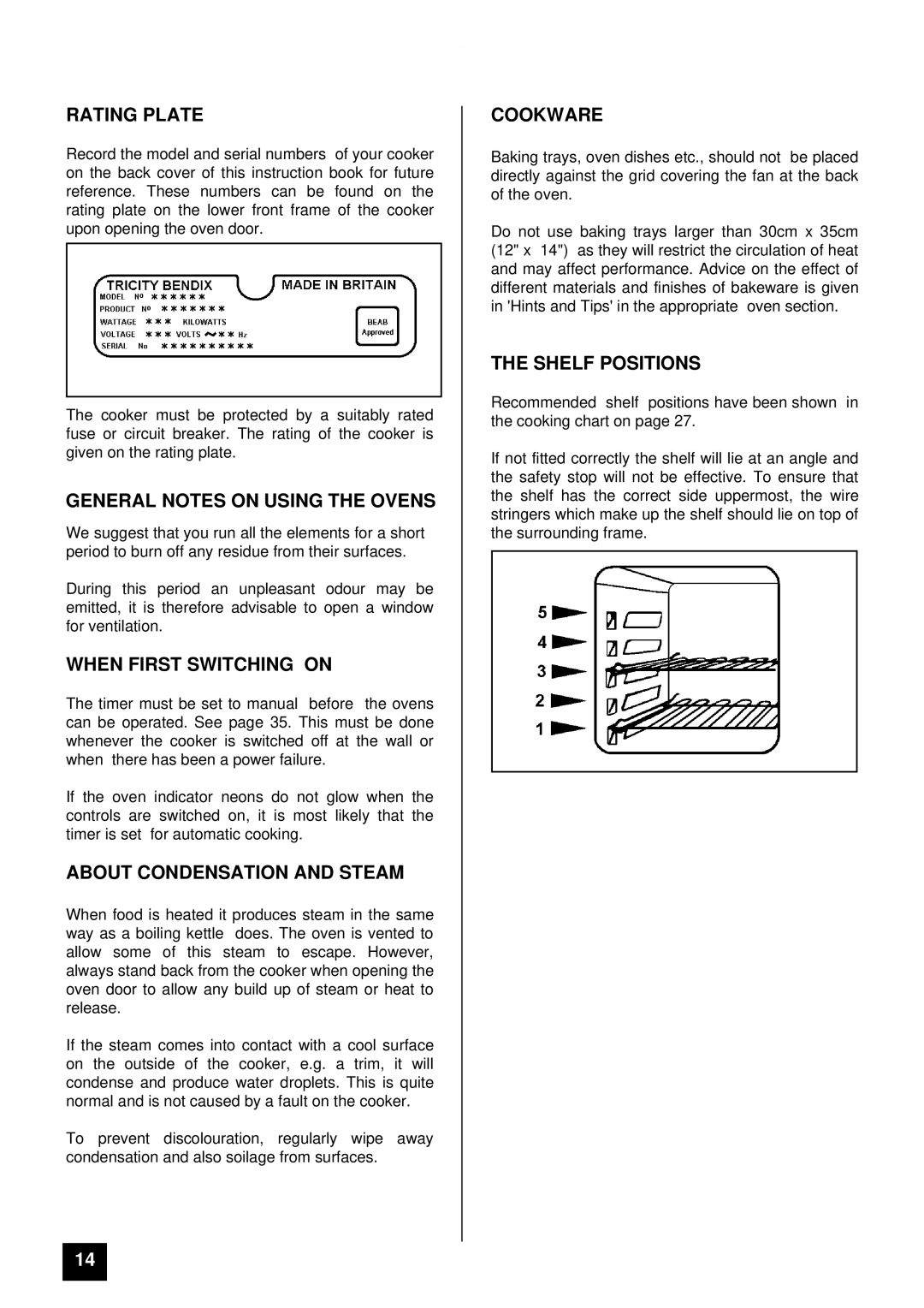 Tricity Bendix DURHAM Rating Plate, General Notes on Using the Ovens, When First Switching on, Cookware, Shelf Positions 