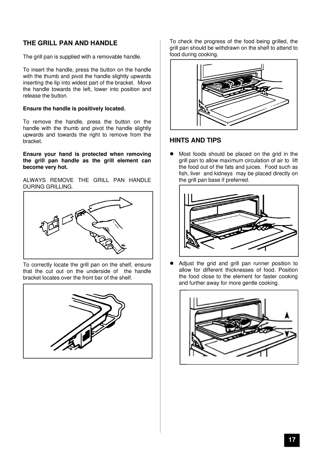 Tricity Bendix DURHAM installation instructions Grill PAN and Handle, Always Remove the Grill PAN Handle During Grilling 