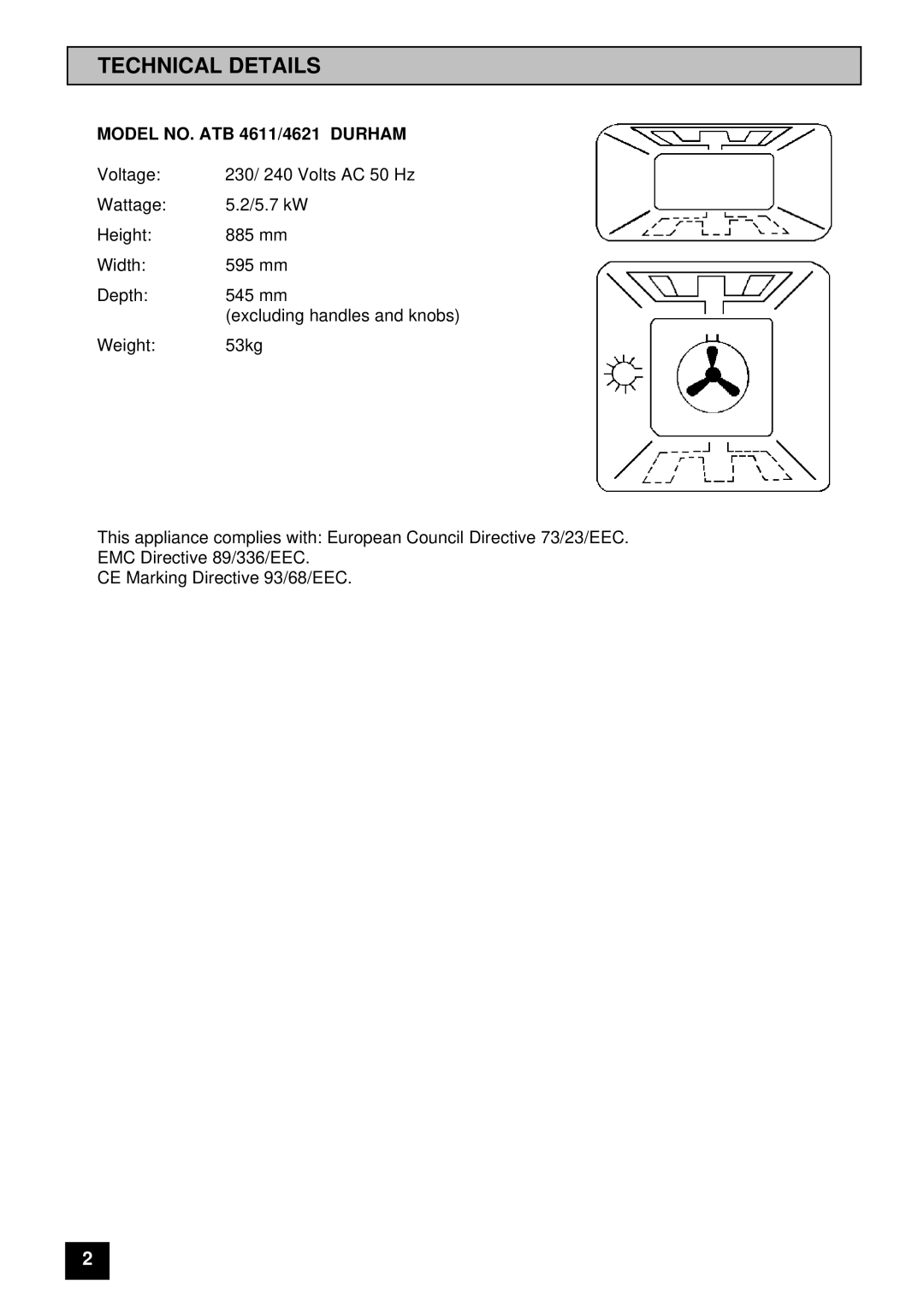 Tricity Bendix DURHAM installation instructions Technical Details, Model NO. ATB 4611/4621 Durham 