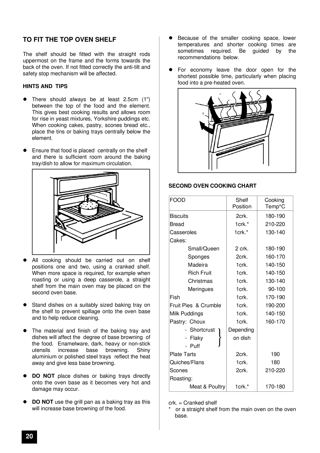 Tricity Bendix DURHAM installation instructions To FIT the TOP Oven Shelf, Second Oven Cooking Chart, Food 